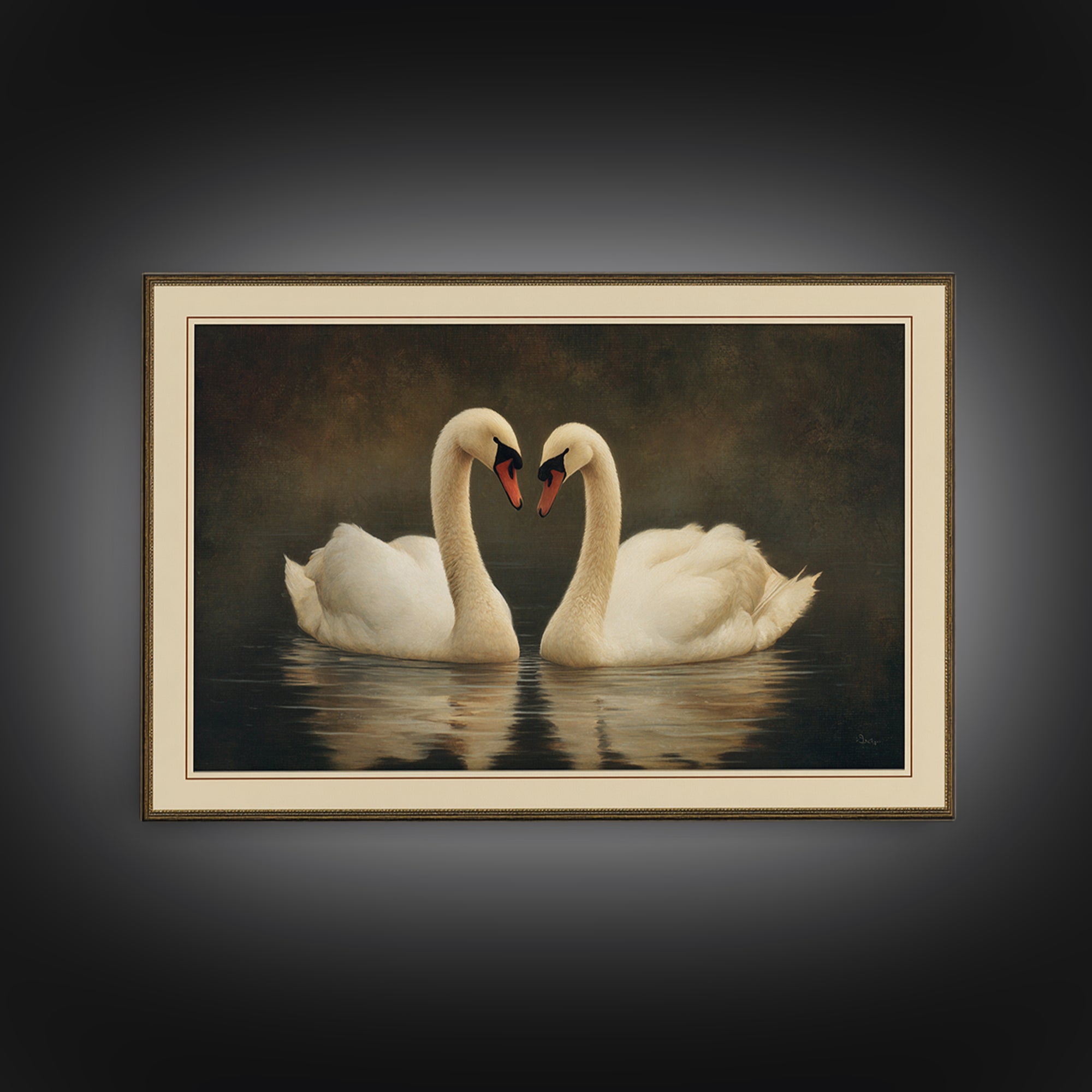 Romantic Swan Pair on Dark Water Canvas Print, Master Bedroom, Wall Decal, Bedroom Decor, Watercolor Art, Sanctuary, MAS-3x2-67