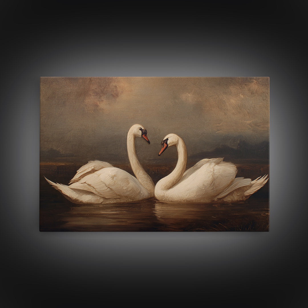 Romantic Swan Pair on Dark Water Framed Canvas Print, Master Bedroom, Farmhouse Wall Decor, Bedroom Decor, Oil Painting, MAS-3x2-91