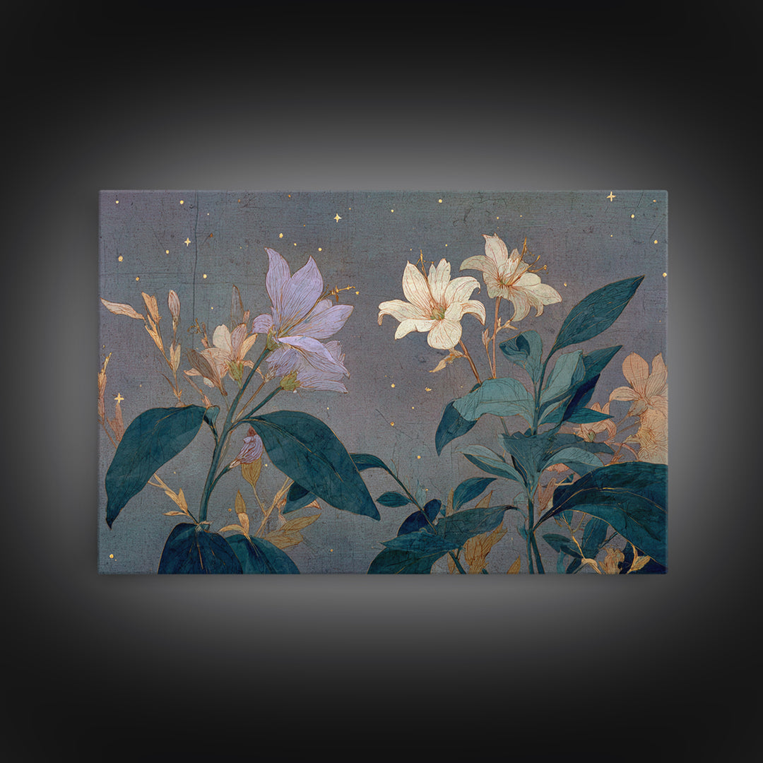 Night Garden with Pale Flowers and Stars Framed Canvas Print, Master Bedroom, Farmhouse Decor, Bedroom Decor, Sanctuary, MAS-3x2-99