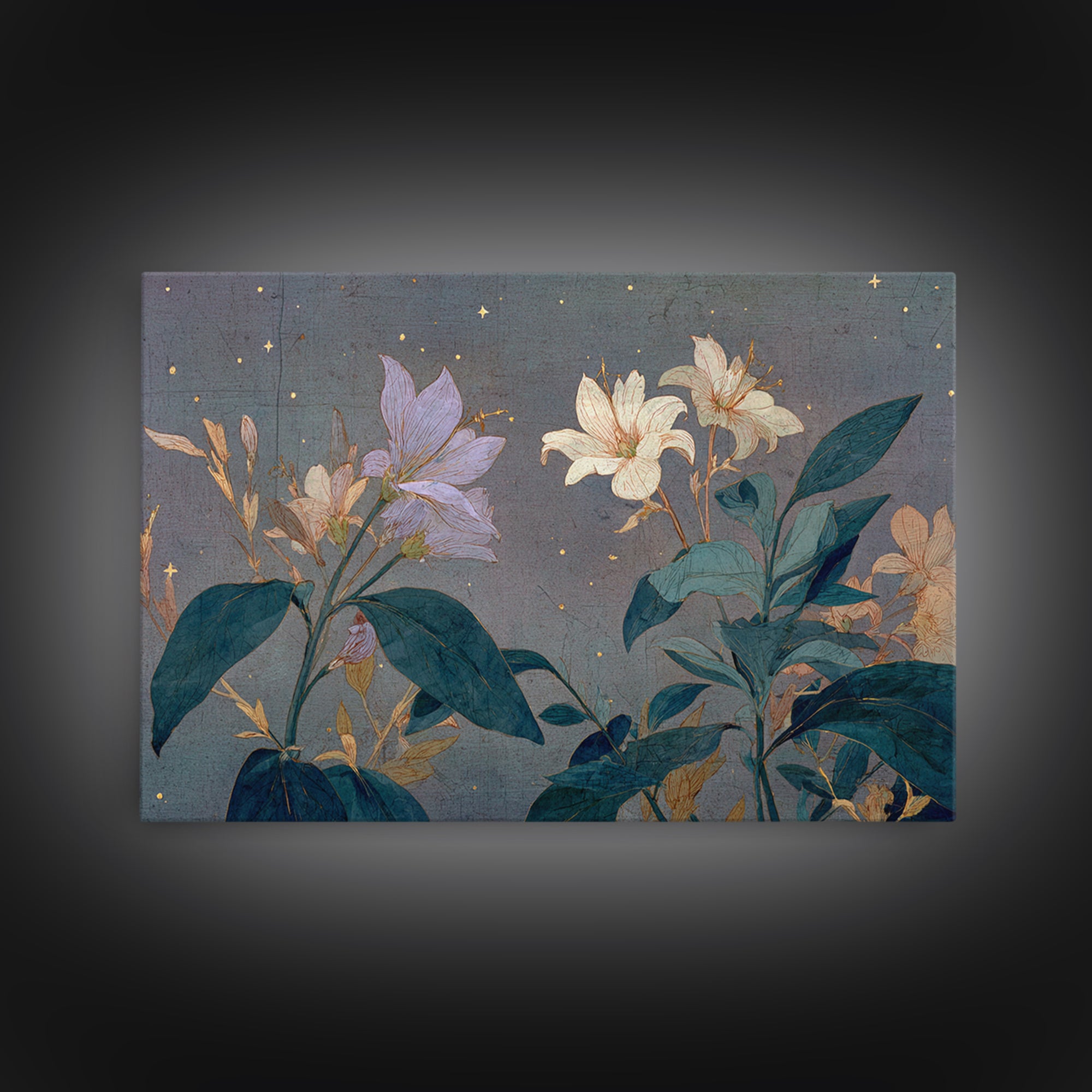 Night Garden with Pale Flowers and Stars Framed Canvas Print, Master Bedroom, Farmhouse Decor, Bedroom Decor, Sanctuary, MAS-3x2-99