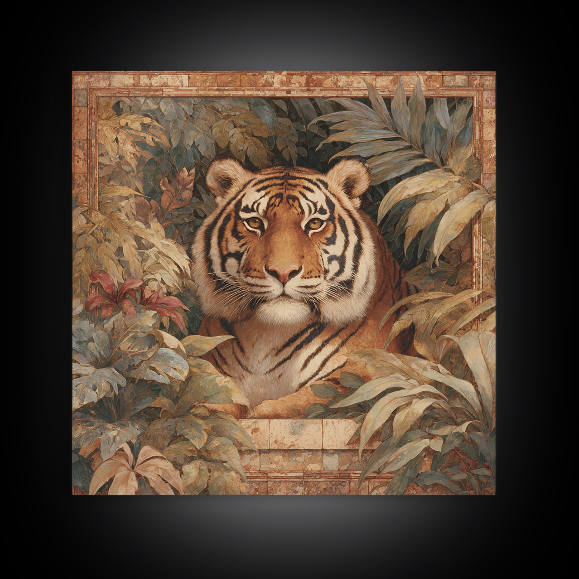 Bold Patterned Tiger Surrounded by Tropical Leaves Canvas Print, Maximalist Art, Moody Wall Art, Living Room Decor, Maximal, MAX-1x1-26