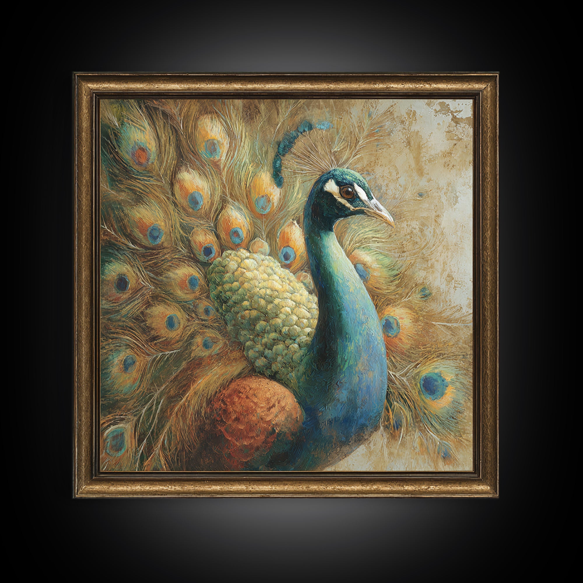 Dramatic Peacock with Oversized Feather Pattern Framed Canvas Print, Maximalist Art, Gallery Decor, Living Room Decor, Maximal, MAX-1x1-32