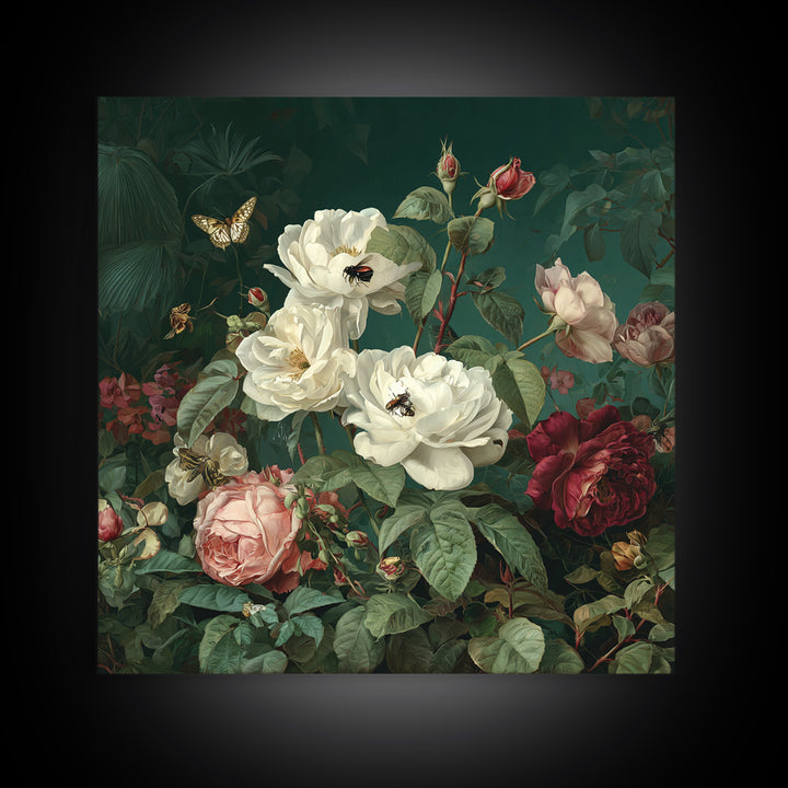 Lush Garden Wall of Roses Palms and Framed Canvas Print, Maximalist Art, Gallery Decor, Living Room Decor, Fine Art, Maximal, MAX-1x1-38