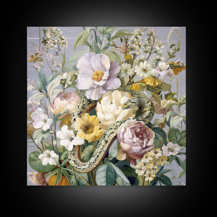 Highly Patterned Snake and Flower Composition Framed Canvas Print, Maximalist Art, Boho Decor, Living Room Decor, Maximal, MAX-1x1-61