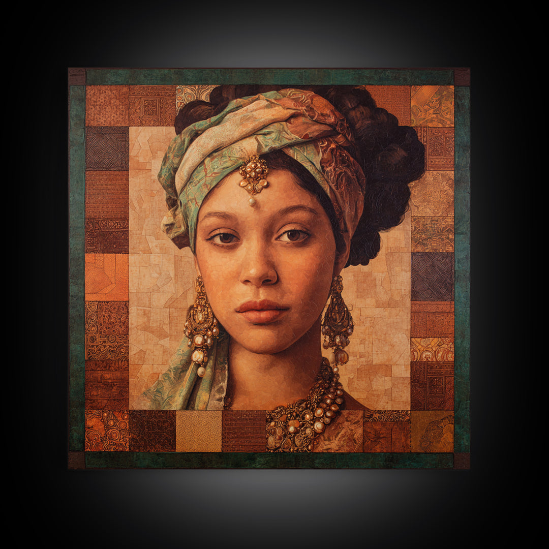Ornate Portrait with Layered Textiles and Jewels Canvas Print, Maximalist Art, Retro Wall Art, Living Room Decor, Oil Painting, MAX-1x1-76