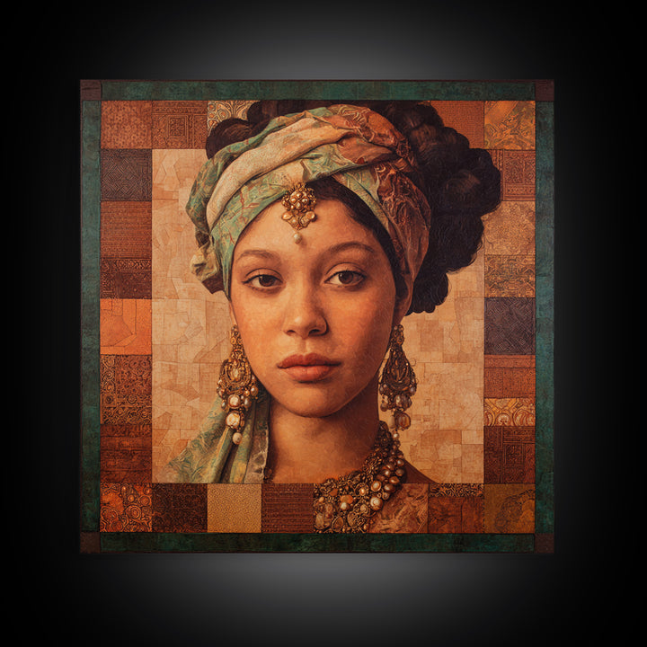 Ornate Portrait with Layered Textiles and Jewels Canvas Print, Maximalist Art, Retro Wall Art, Living Room Decor, Oil Painting, MAX-1x1-76