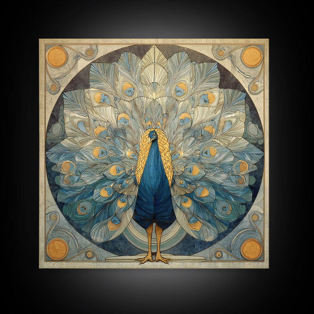 Dramatic Peacock with Oversized Feather Pattern Canvas Print, Maximalist Art, Original Painting, Living Room Decor, Maximal, MAX-1x1-8