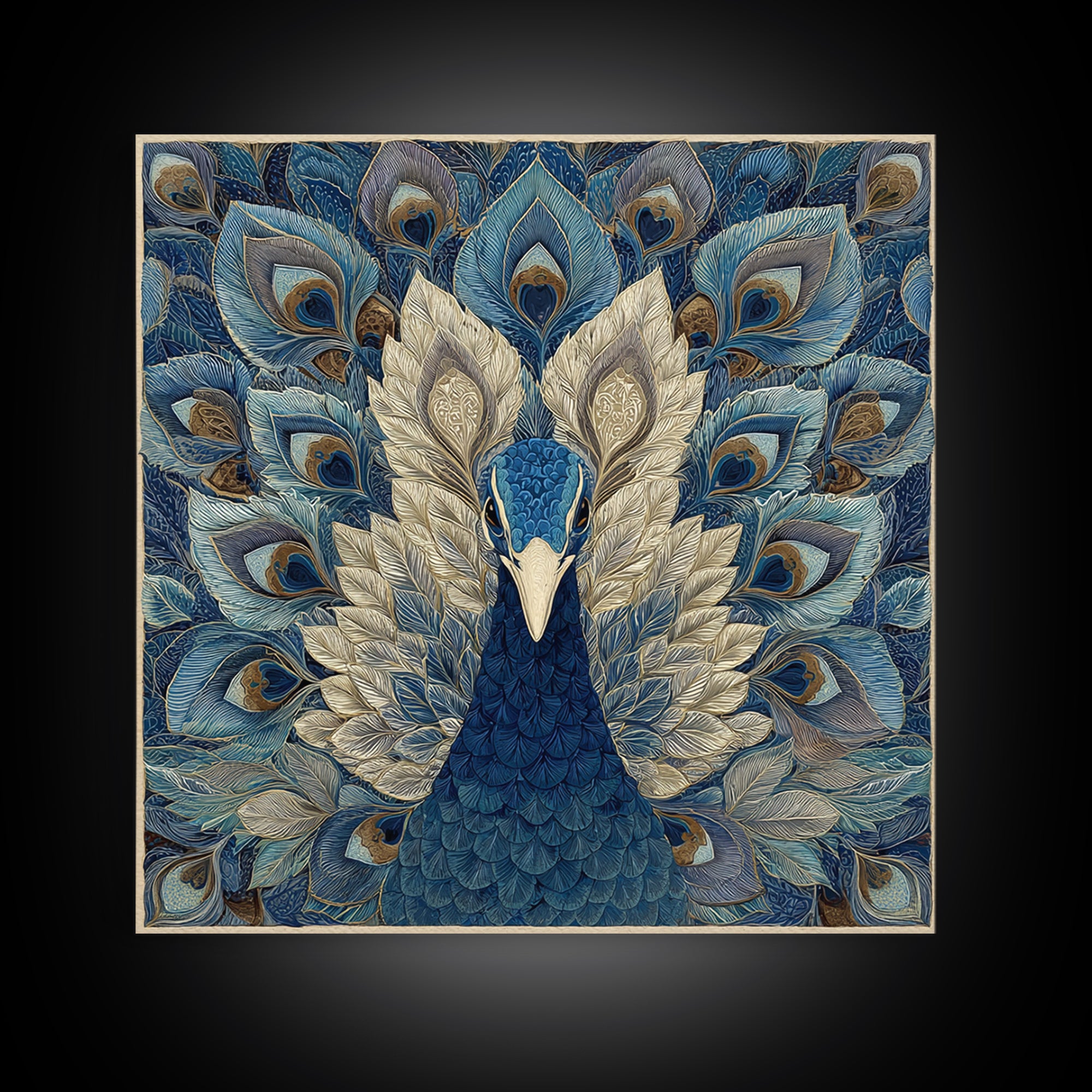 Dramatic Peacock with Oversized Feather Pattern Canvas Print, Maximalist Art, Fine Art Print, Living Room Decor, Maximal, MAX-1x1-80