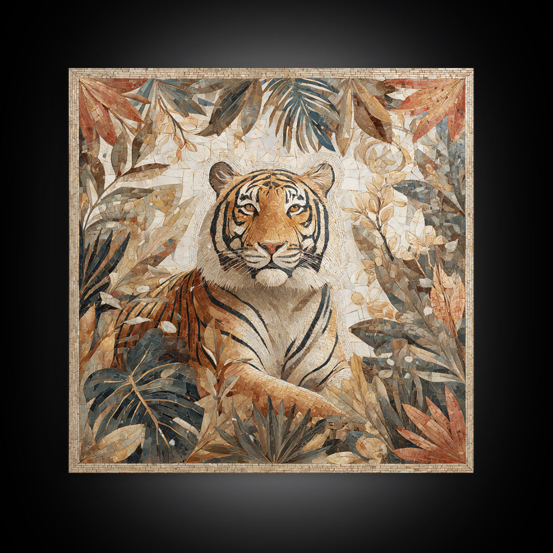 Bold Patterned Tiger Surrounded by Tropical Leaves Canvas Print, Maximalist Art, Textured Painting, Living Room Decor, Maximal, MAX-1x1-98