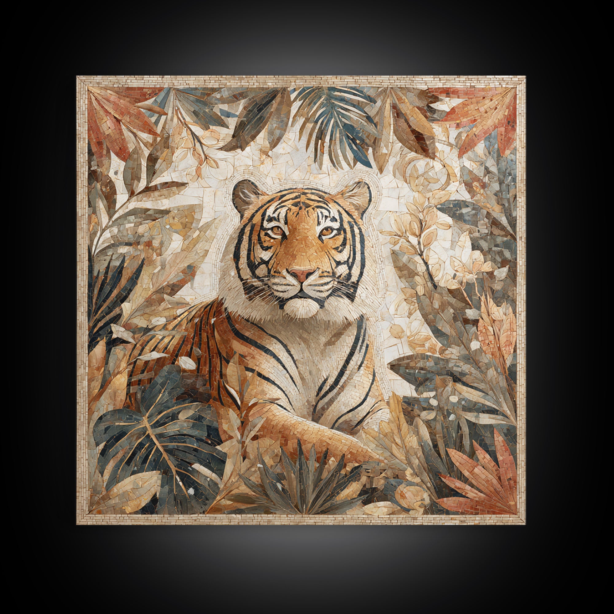 Bold Patterned Tiger Surrounded by Tropical Leaves Canvas Print, Maximalist Art, Textured Painting, Living Room Decor, Maximal, MAX-1x1-98