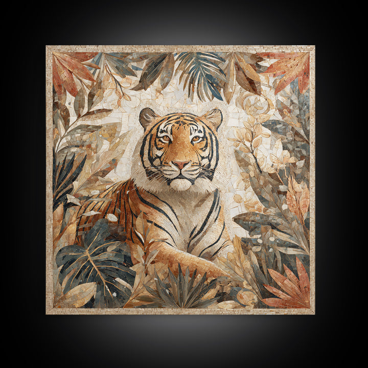 Bold Patterned Tiger Surrounded by Tropical Leaves Canvas Print, Maximalist Art, Textured Painting, Living Room Decor, Maximal, MAX-1x1-98