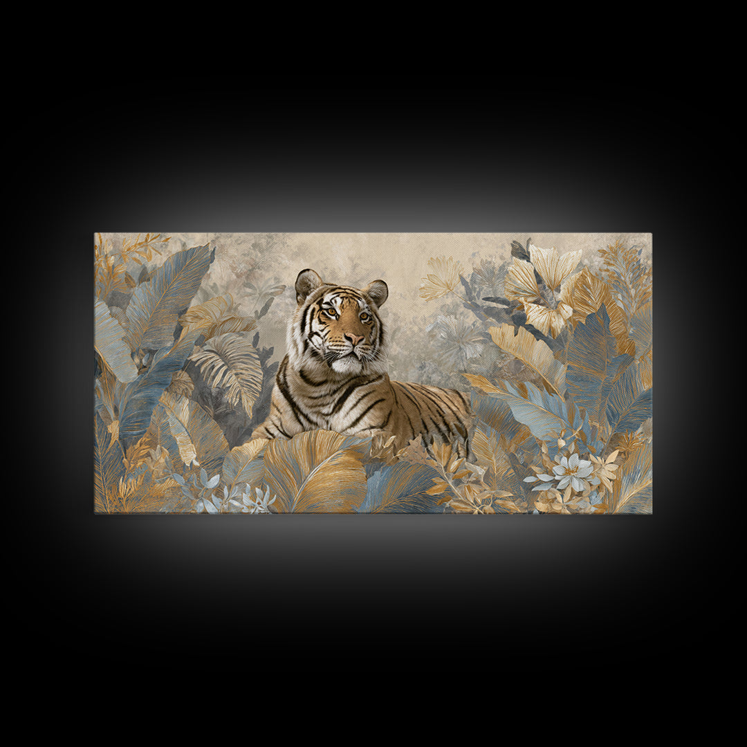 Bold Patterned Tiger Surrounded by Tropical Leaves Canvas Print, Maximalist Art, Textured Painting, Living Room Decor, Maximal, MAX-2x1-22