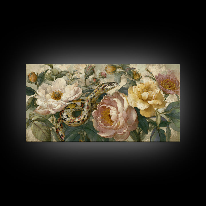 Highly Patterned Snake and Flower Composition Canvas Print, Maximalist Art, Living Room Decor, Maximal, Retro Wall Art, MAX-2x1-33