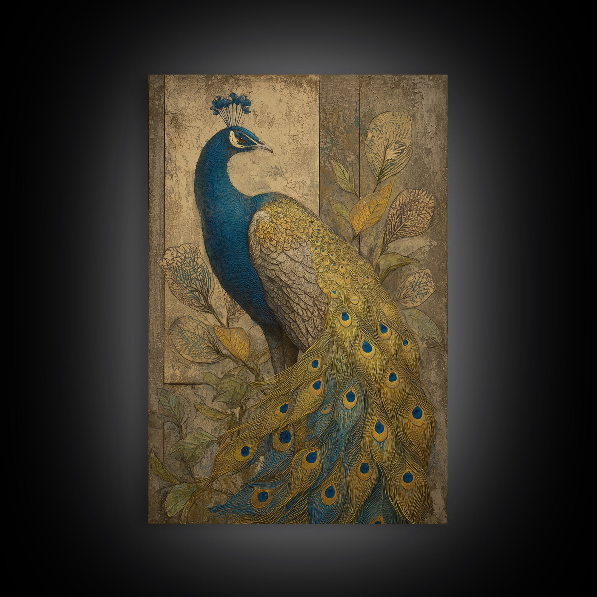 Dramatic Peacock with Oversized Feather Pattern Canvas Print, Maximalist Art, Gallery Decor, Living Room Decor, Maximal, MAX-2x3-16
