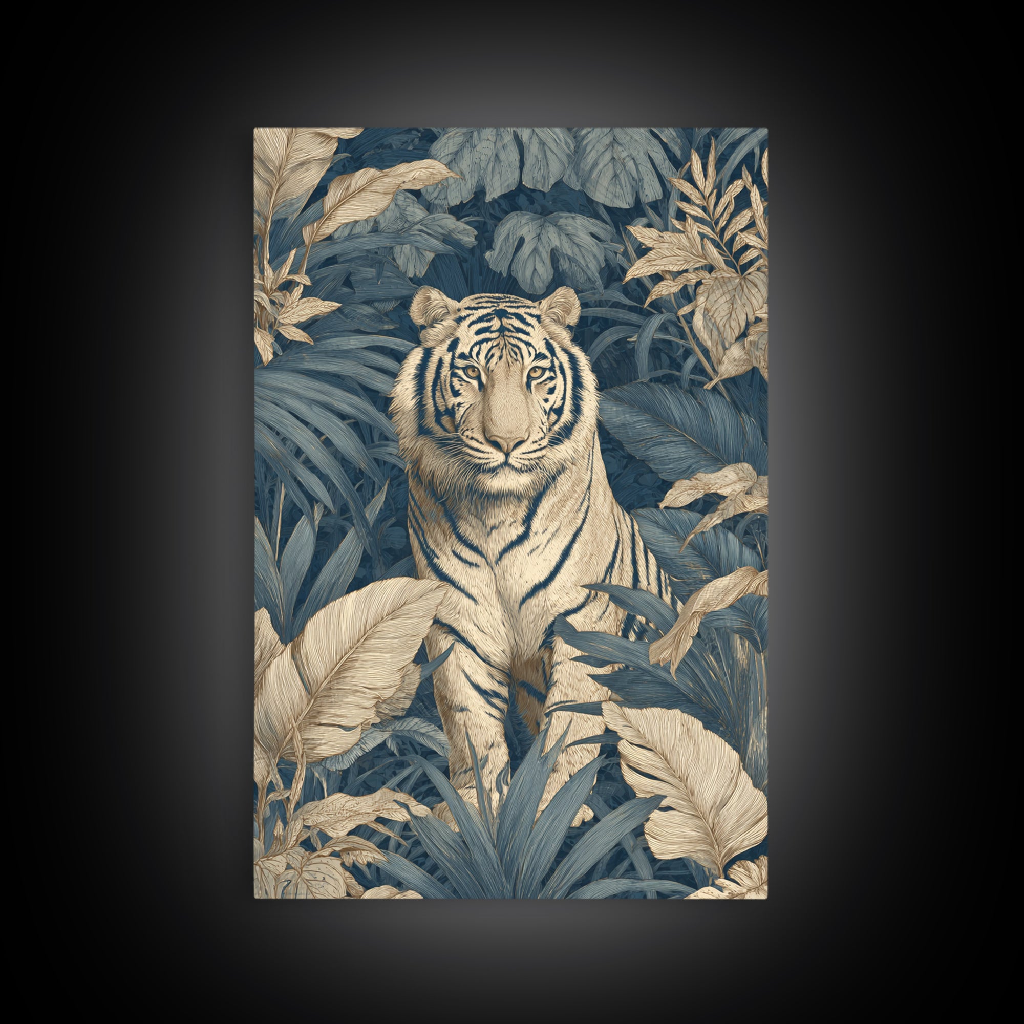 Bold Patterned Tiger Surrounded by Tropical Leaves Framed Canvas Print, Maximalist Art, Art Print, Living Room Decor, Maximal, MAX-2x3-34