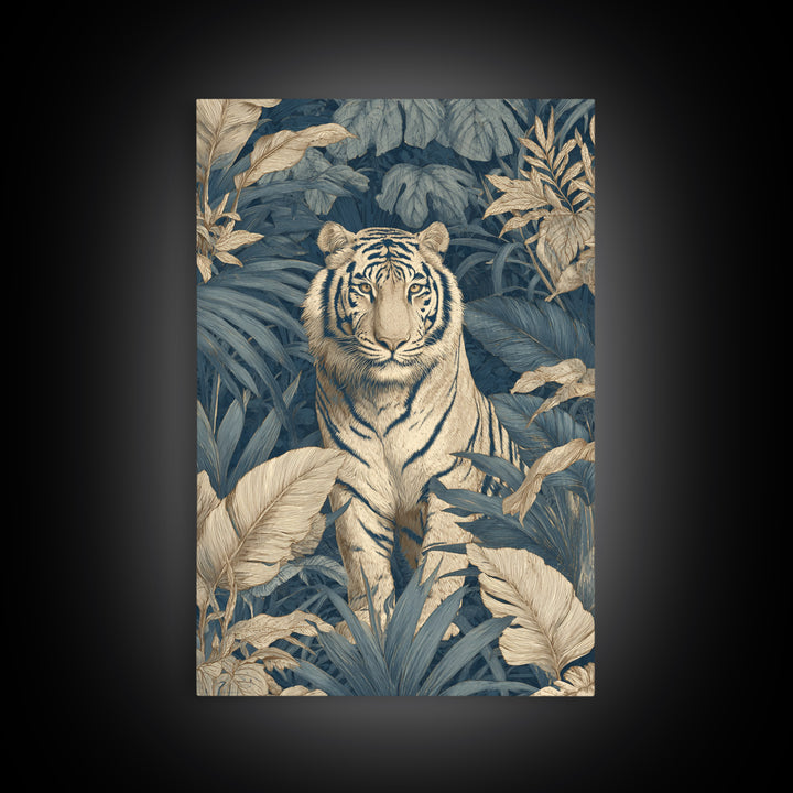 Bold Patterned Tiger Surrounded by Tropical Leaves Framed Canvas Print, Maximalist Art, Art Print, Living Room Decor, Maximal, MAX-2x3-34
