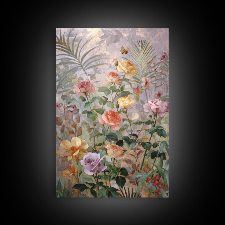 Lush Garden Wall of Roses Palms and Framed Canvas Print, Maximalist Art, Wall Decor, Living Room Decor, Fine Art, Maximal, MAX-2x3-46