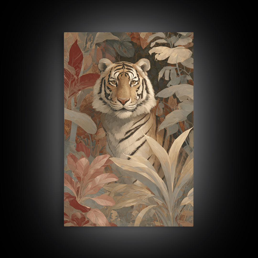 Bold Patterned Tiger Surrounded by Tropical Leaves Canvas Print, Maximalist Art, Art Nouveau, Living Room Decor, Maximal, MAX-2x3-58