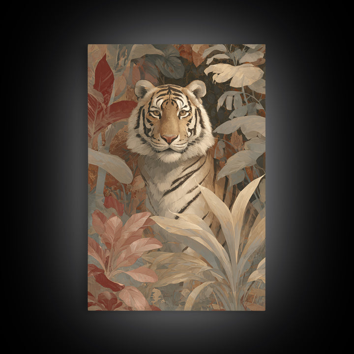 Bold Patterned Tiger Surrounded by Tropical Leaves Canvas Print, Maximalist Art, Art Nouveau, Living Room Decor, Maximal, MAX-2x3-58