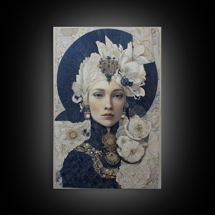 Ornate Portrait with Layered Textiles and Jewels Framed Canvas Print, Maximalist Art, Modern Decor, Living Room Decor, Maximal, MAX-2x3-84
