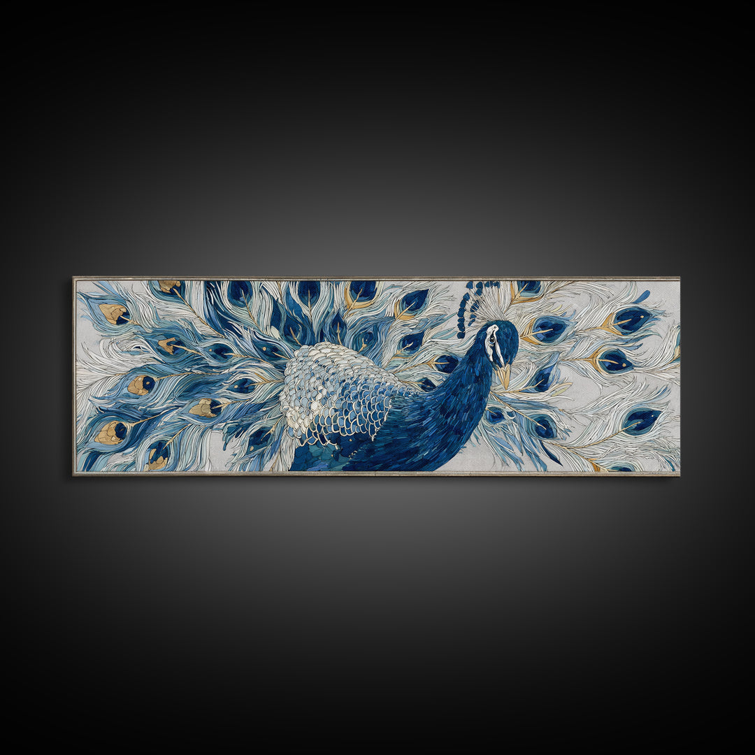 Dramatic Peacock with Oversized Feather Pattern Canvas Print, Maximalist Art, Moody Wall Art, Living Room Decor, Maximal, MAX-3x1-24