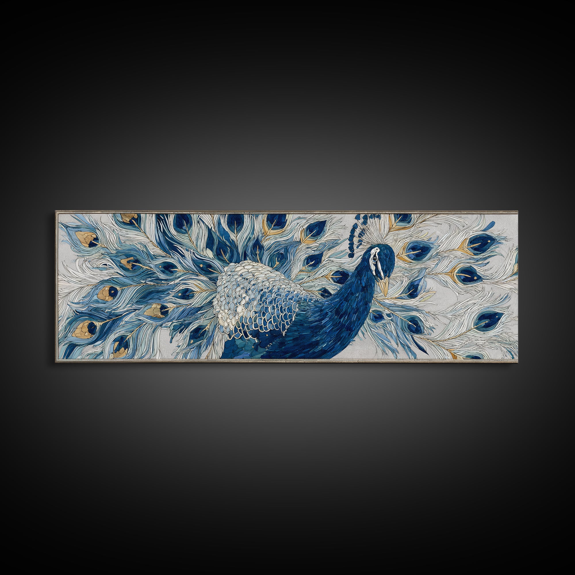 Dramatic Peacock with Oversized Feather Pattern Canvas Print, Maximalist Art, Moody Wall Art, Living Room Decor, Maximal, MAX-3x1-24