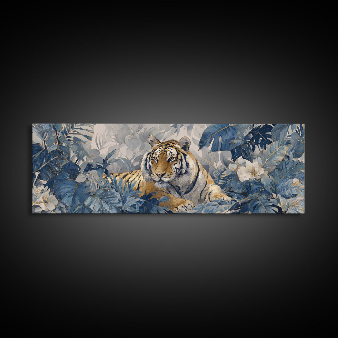 Bold Patterned Tiger Surrounded by Tropical Leaves Canvas Print, Maximalist Art, Playroom Decor, Living Room Decor, Maximal, MAX-3x1-90