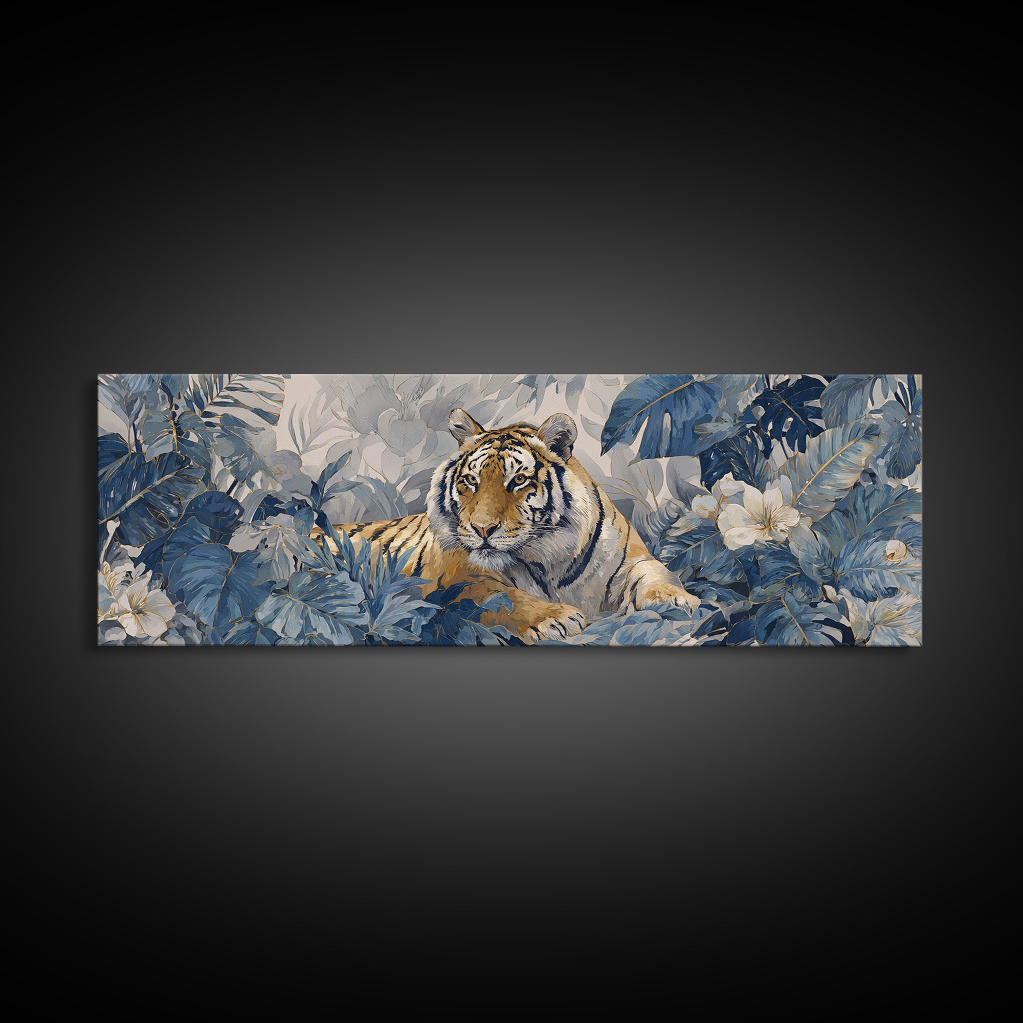 Bold Patterned Tiger Surrounded by Tropical Leaves Canvas Print, Maximalist Art, Playroom Decor, Living Room Decor, Maximal, MAX-3x1-90