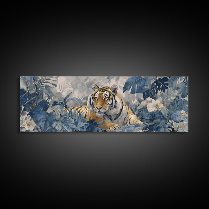 Bold Patterned Tiger Surrounded by Tropical Leaves Canvas Print, Maximalist Art, Playroom Decor, Living Room Decor, Maximal, MAX-3x1-90