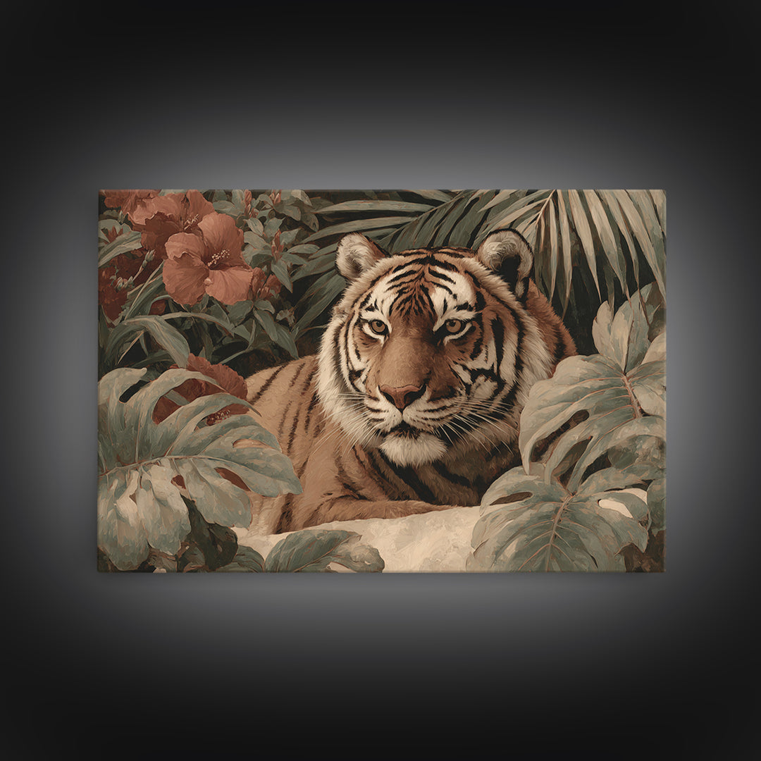 Bold Patterned Tiger Surrounded by Tropical Leaves Canvas Print, Maximalist Art, Modern Wall Art, Living Room Decor, Maximal, MAX-3x2-30
