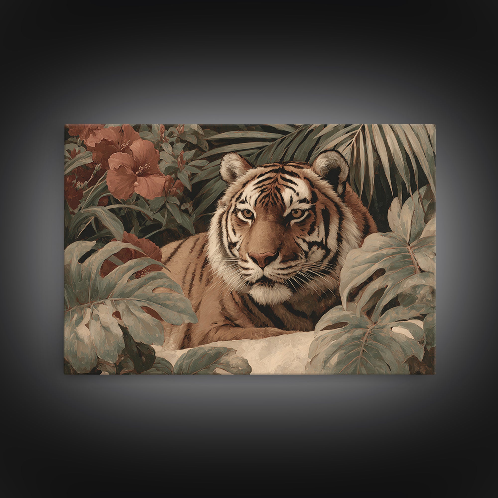 Bold Patterned Tiger Surrounded by Tropical Leaves Canvas Print, Maximalist Art, Modern Wall Art, Living Room Decor, Maximal, MAX-3x2-30