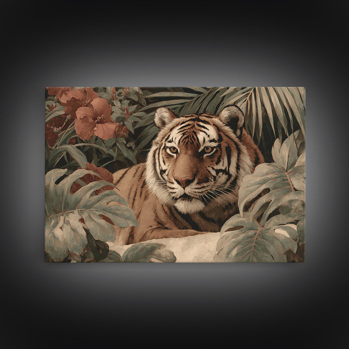 Bold Patterned Tiger Surrounded by Tropical Leaves Canvas Print, Maximalist Art, Modern Wall Art, Living Room Decor, Maximal, MAX-3x2-30