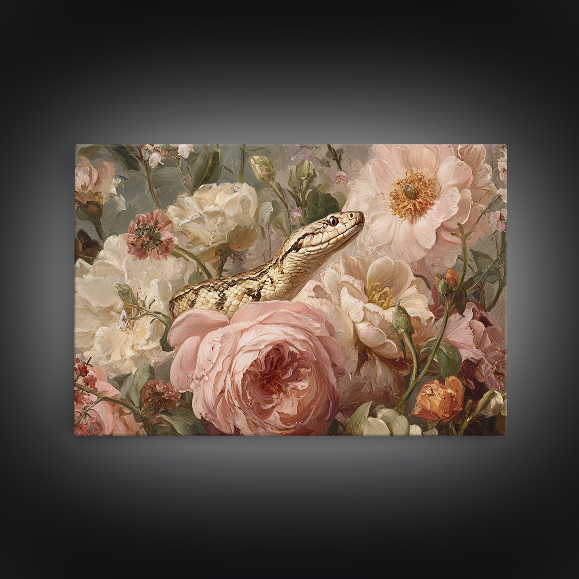 Highly Patterned Snake and Flower Composition Framed Canvas Print, Maximalist Art, Trendy Wall Art, Living Room Decor, Maximal, MAX-3x2-41