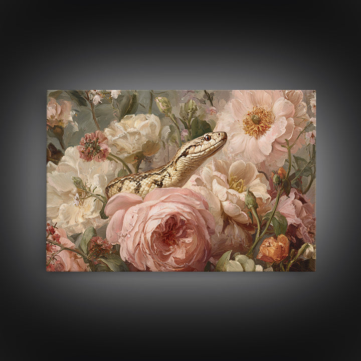 Highly Patterned Snake and Flower Composition Framed Canvas Print, Maximalist Art, Trendy Wall Art, Living Room Decor, Maximal, MAX-3x2-41