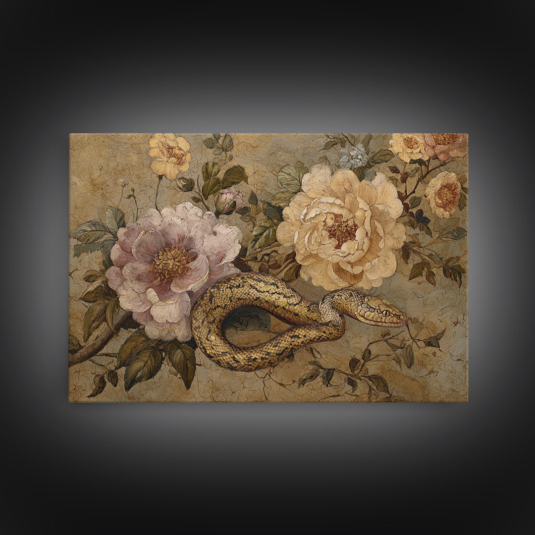 Highly Patterned Snake and Flower Composition Framed Canvas Print, Maximalist Art, Trendy Wall Art, Living Room Decor, Maximal, MAX-3x2-65