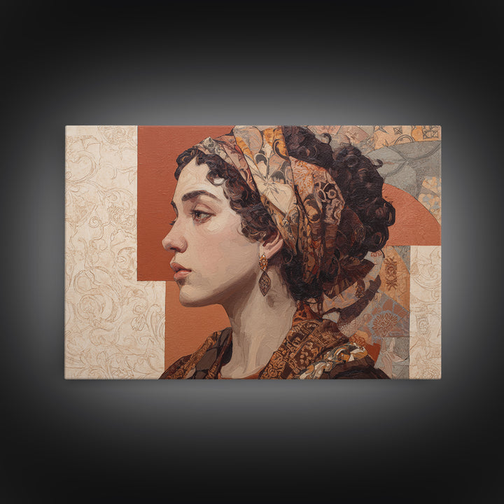 Ornate Portrait with Layered Textiles and Jewels Canvas Print, Maximalist Art, Unique Wall Art, Living Room Decor, Maximal, MAX-3x2-8
