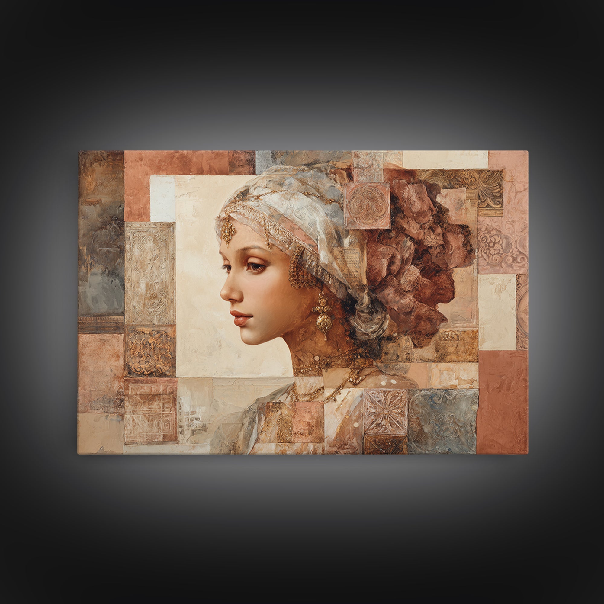 Ornate Portrait with Layered Textiles and Jewels Framed Canvas Print, Maximalist Art, Home Decor, Living Room Decor, Maximal, MAX-3x2-80