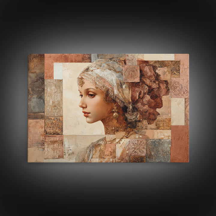 Ornate Portrait with Layered Textiles and Jewels Framed Canvas Print, Maximalist Art, Home Decor, Living Room Decor, Maximal, MAX-3x2-80