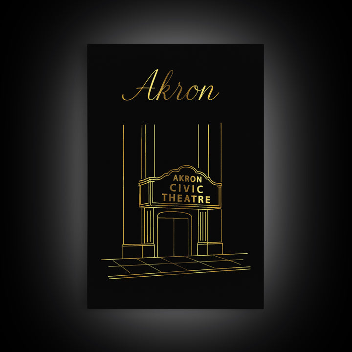 Akron Ohio Travel Poster, Canvas Print, Gold Outline Poster Art, Akron Poster Print, Modern Wall Decor, City Illustration, Travel Decor