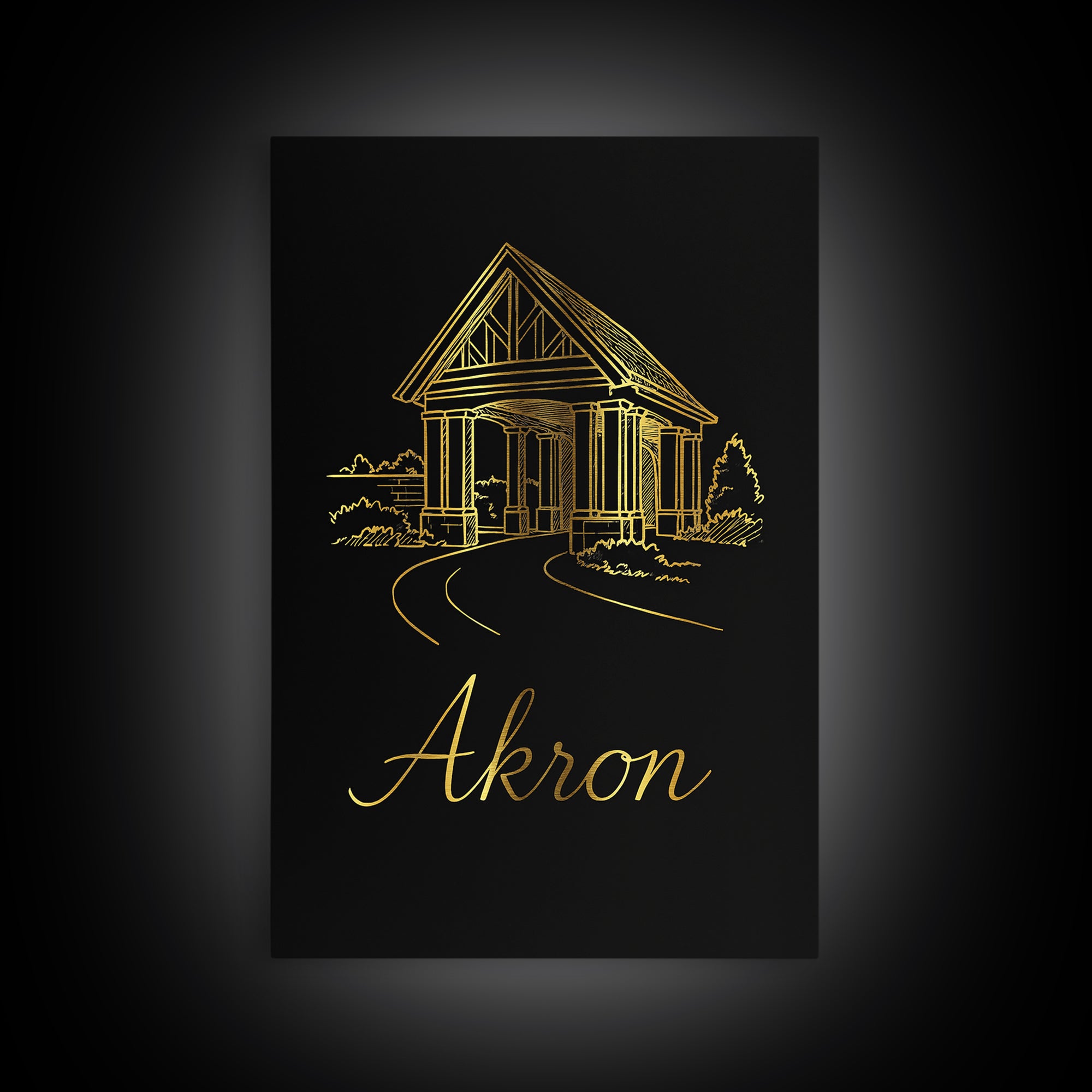 Akron Travel Poster, Framed Canvas Print, Minimalist Gold Line Art, Akron Travel Art, Travel Art Print, Retro Travel Print, Fine Art Print