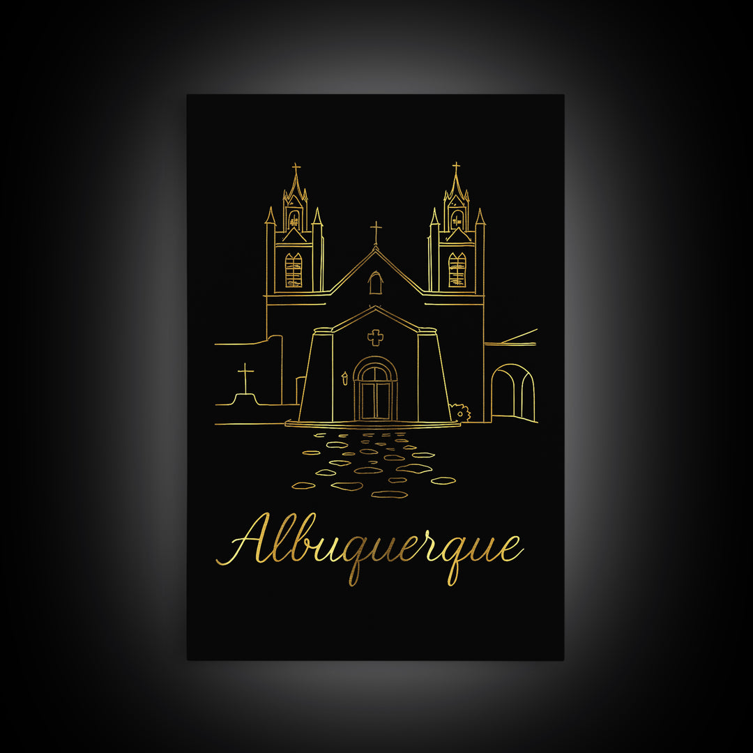 Albuquerque Travel Poster, Framed Canvas Print, Gold Outline Poster Art, Albuquerque Travel Art, Travel Wall Art, Wanderlust Decor