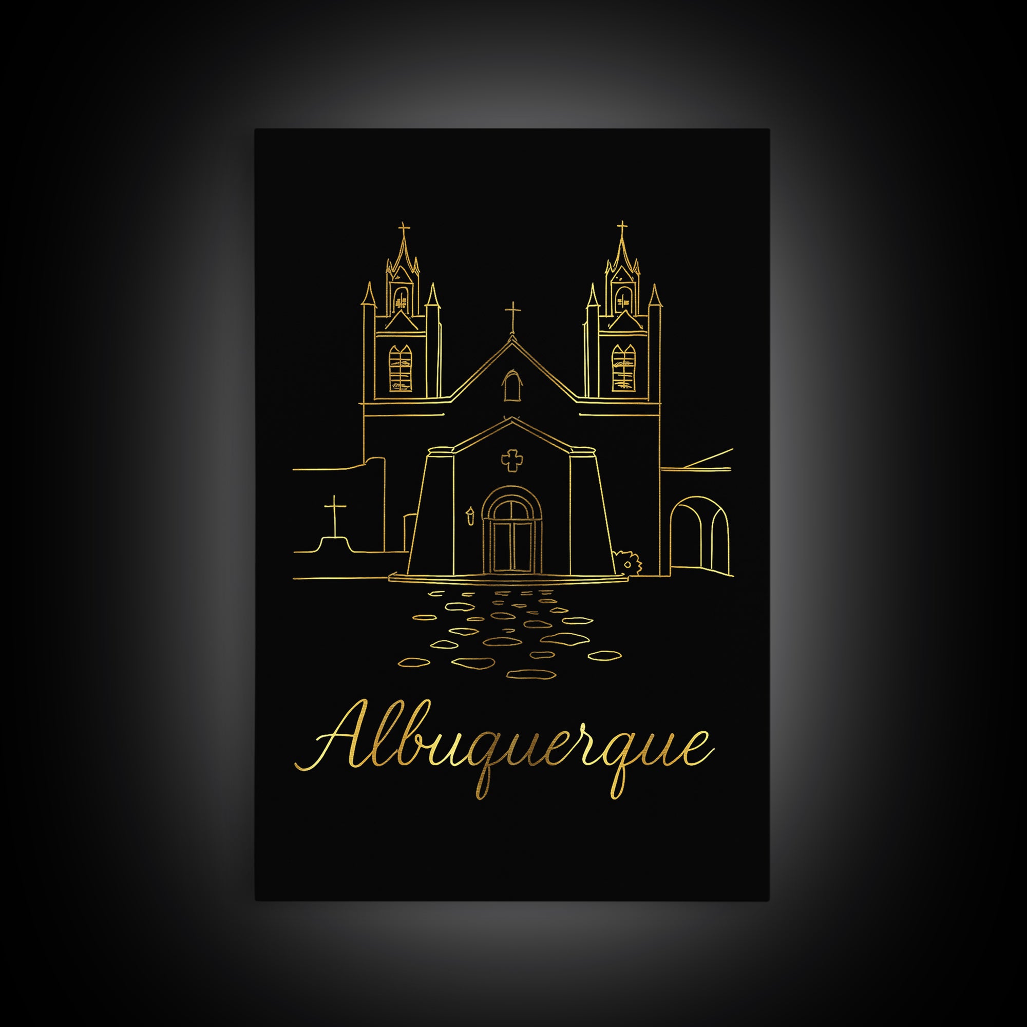 Albuquerque Travel Poster, Framed Canvas Print, Gold Outline Poster Art, Albuquerque Travel Art, Travel Wall Art, Wanderlust Decor