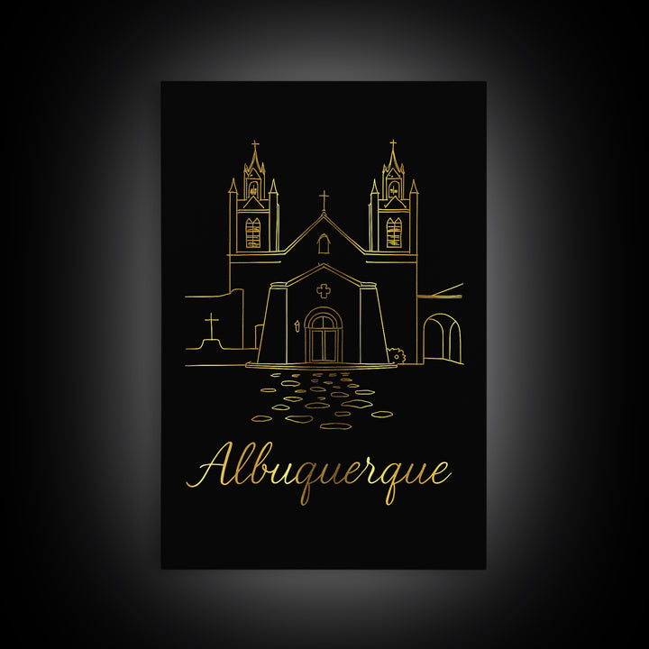 Albuquerque Travel Poster, Framed Canvas Print, Gold Outline Poster Art, Albuquerque Travel Art, Travel Wall Art, Wanderlust Decor