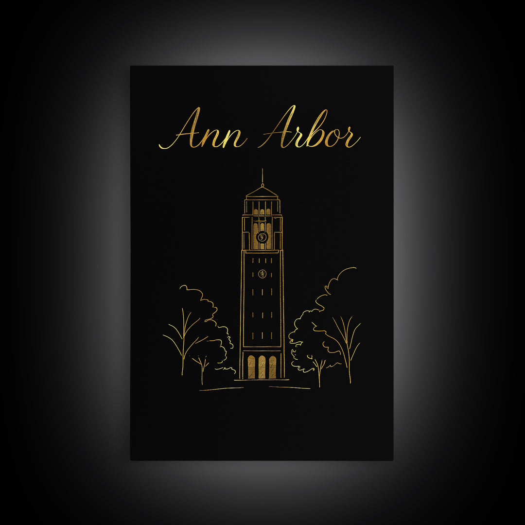 Ann Arbor Michigan Travel Poster, Canvas Print, Minimalist Gold Line Art, Ann Arbor Art Print, Art Print, Wall Decor, City Travel Prints