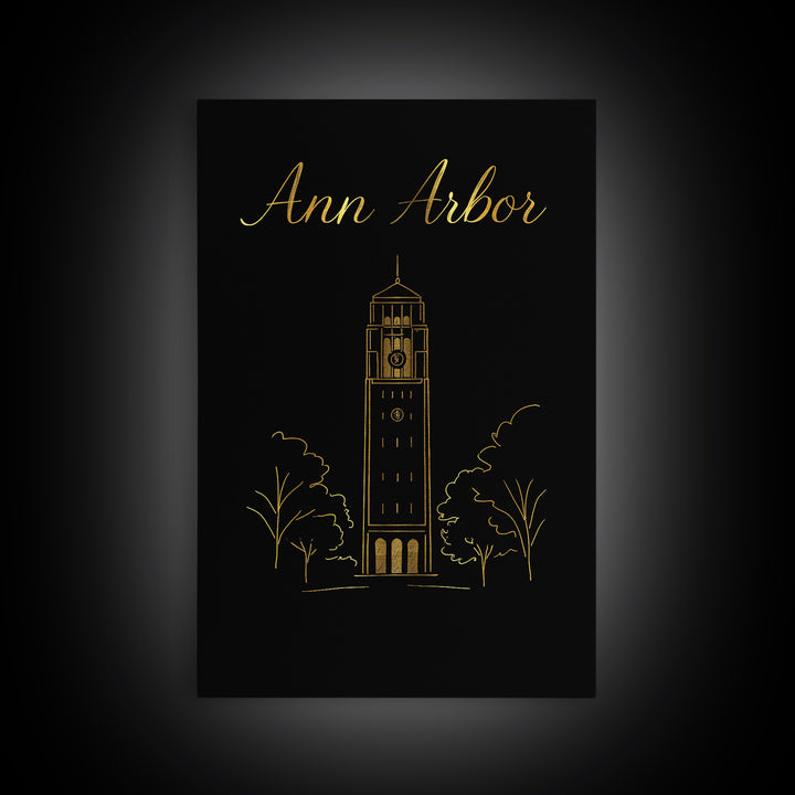 Ann Arbor Michigan Travel Poster, Canvas Print, Minimalist Gold Line Art, Ann Arbor Art Print, Art Print, Wall Decor, City Travel Prints
