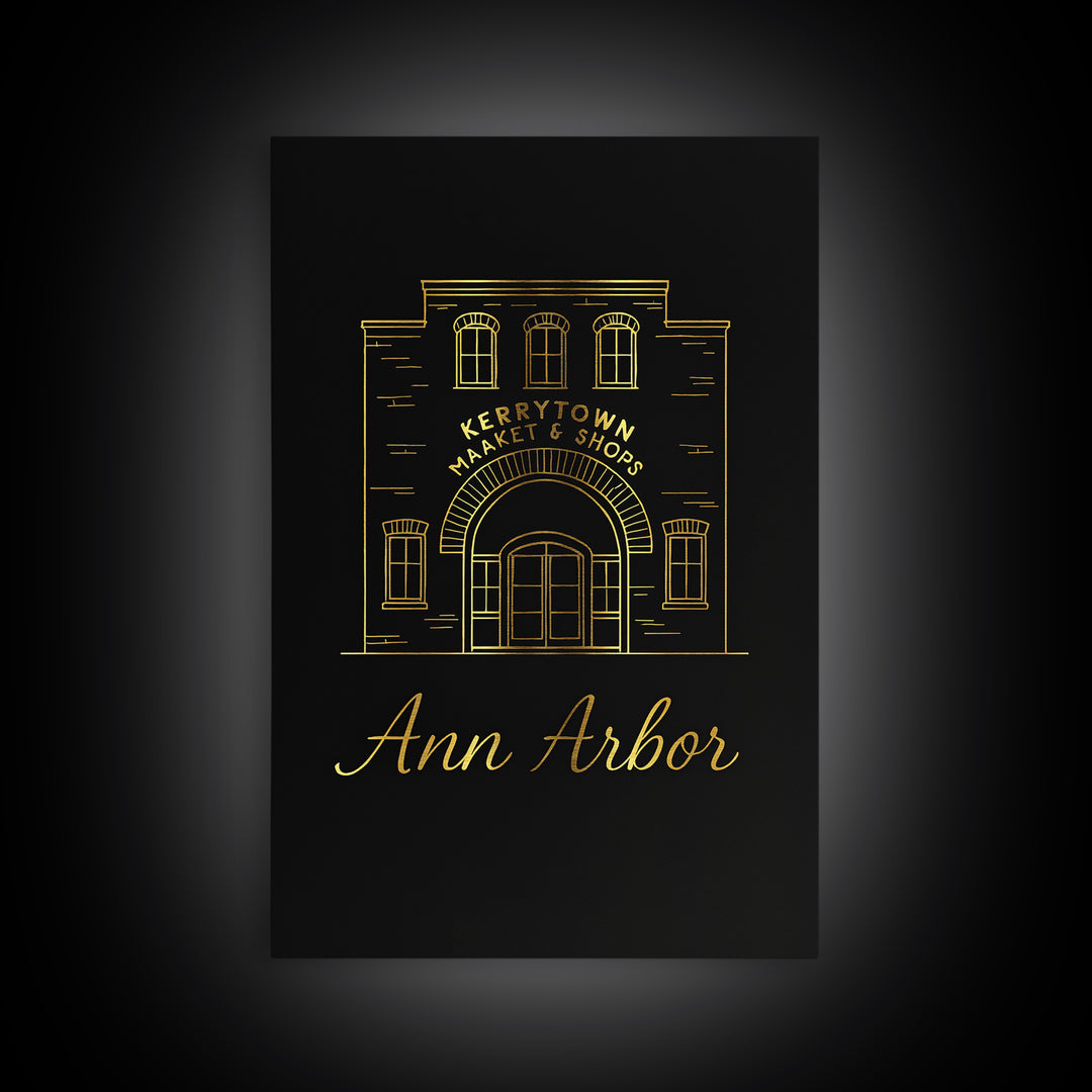 Ann Arbor Travel Poster, Framed Canvas Print, Minimalist Gold Line Art, Ann Arbor Wall Art, Retro Travel Print, Travel Wall Decor