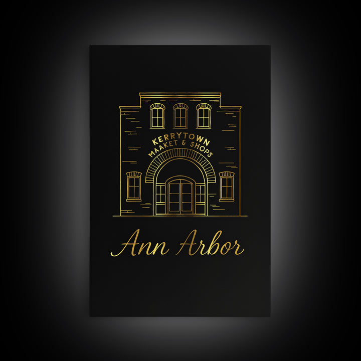 Ann Arbor Travel Poster, Framed Canvas Print, Minimalist Gold Line Art, Ann Arbor Wall Art, Retro Travel Print, Travel Wall Decor