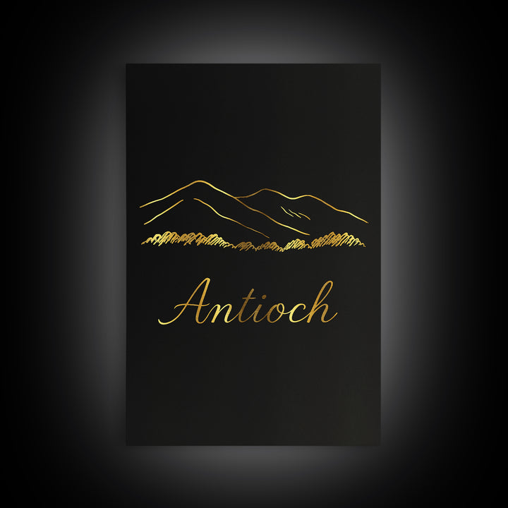Antioch Travel Poster, Framed Canvas Print, Minimalist Gold Line Art, Antioch Travel Art, Watercolor Cityscape, Travel Poster Art