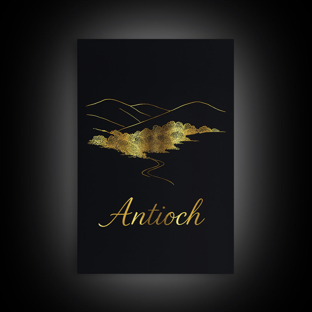 Antioch Travel Poster, Framed Canvas Print, Minimalist Gold Line Art, Antioch Poster Print, Retro Travel Print, Vintage City Art