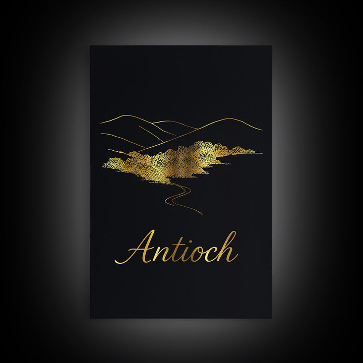 Antioch Travel Poster, Framed Canvas Print, Minimalist Gold Line Art, Antioch Poster Print, Retro Travel Print, Vintage City Art
